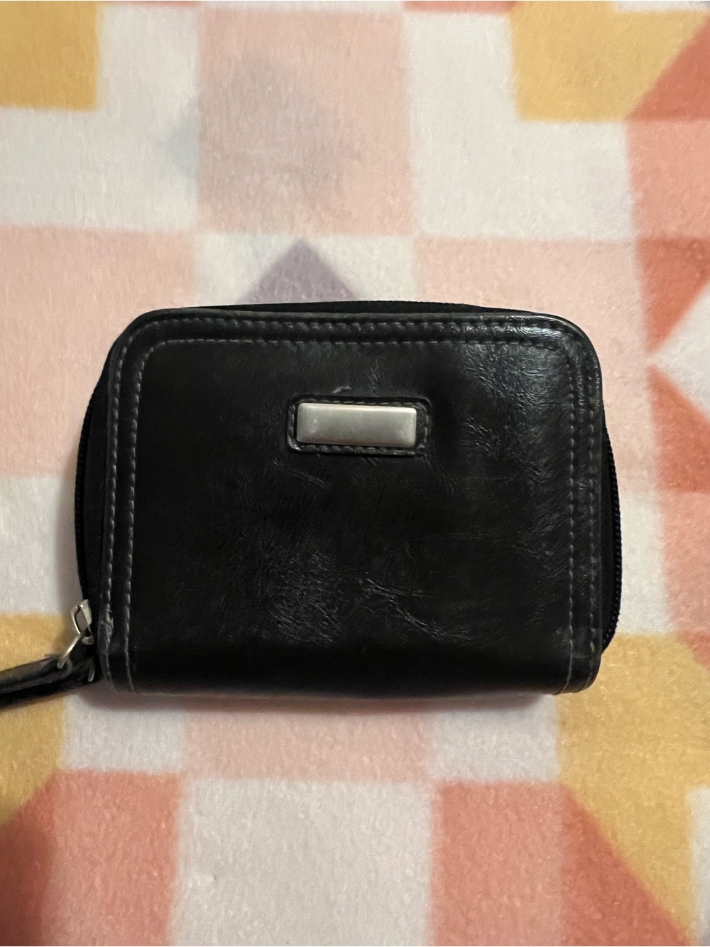 Black Leather Zip Wallet with Silver Plate
